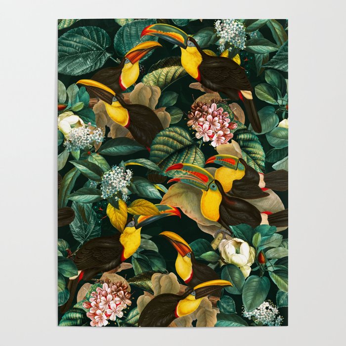 Floral and Birds Vintage Garden Night II Poster Gallery Image 1