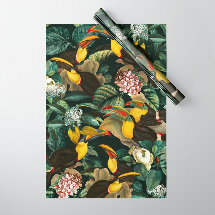 Floral and Birds Vintage Garden Night II Wrapping Paper Gallery Image 1