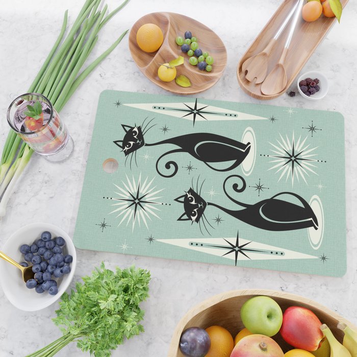 Mid Century Meow Retro Atomic Cats Mint Cutting Board Gallery Image 2