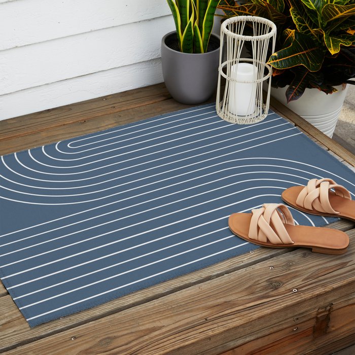 Minimal Line Curvature LXXXIV Nautical Blue Mid Century Modern Arch Abstract Outdoor Rug Gallery Image 2