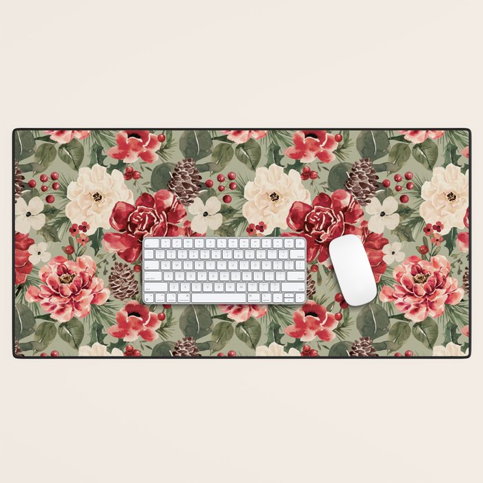 Vintage Christmas Floral on Sage Green Desk Mat Gallery Image 1