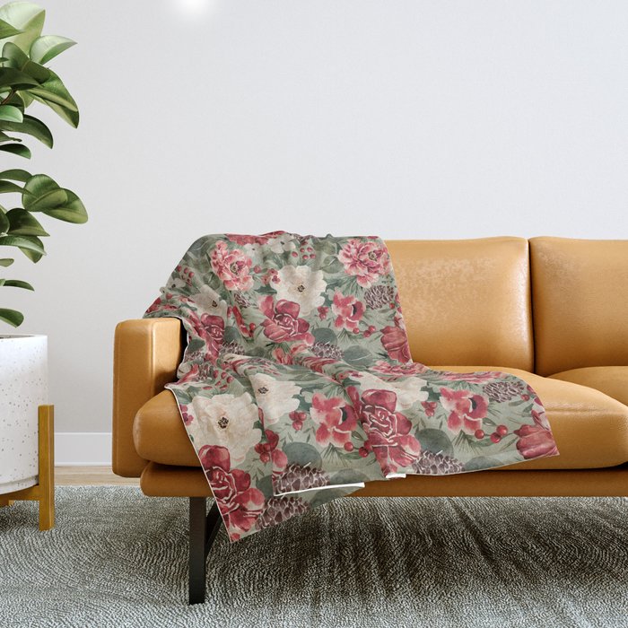 Vintage Christmas Floral on Sage Green Throw Blanket Gallery Image 1