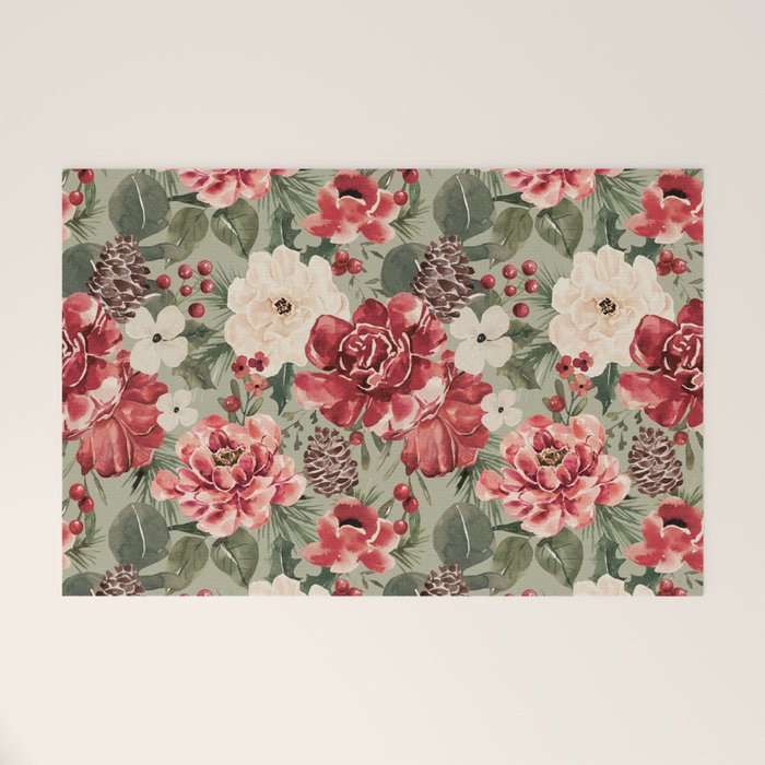 Vintage Christmas Floral on Sage Green Welcome Mat Gallery Image 1