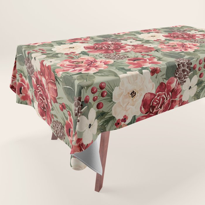 Vintage Christmas Floral on Sage Green Tablecloth Gallery Image 1