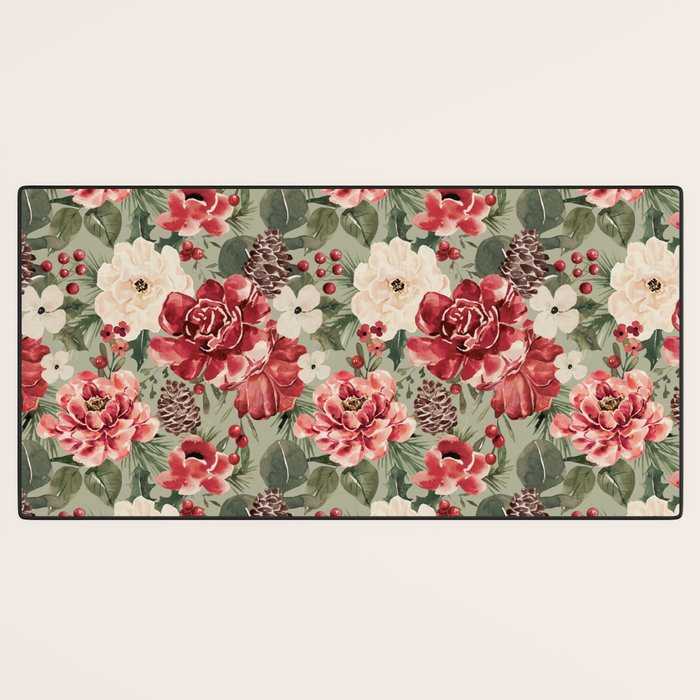 Vintage Christmas Floral on Sage Green Desk Mat Gallery Image 3