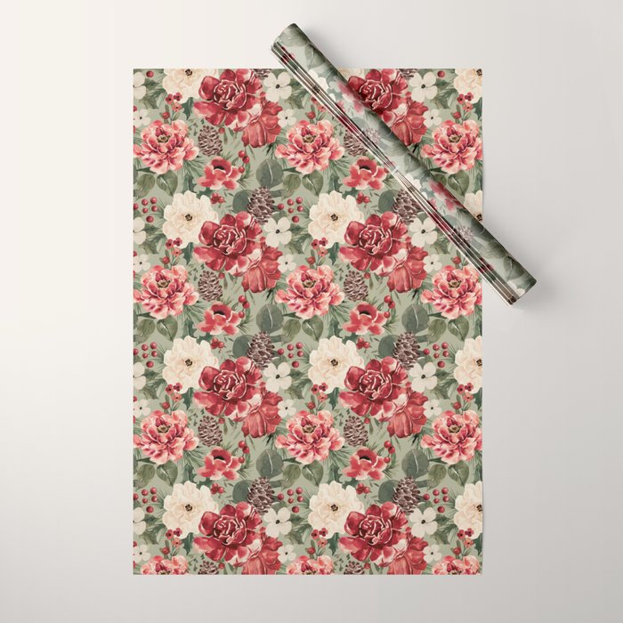 Vintage Christmas Floral on Sage Green Wrapping Paper Gallery Image 1