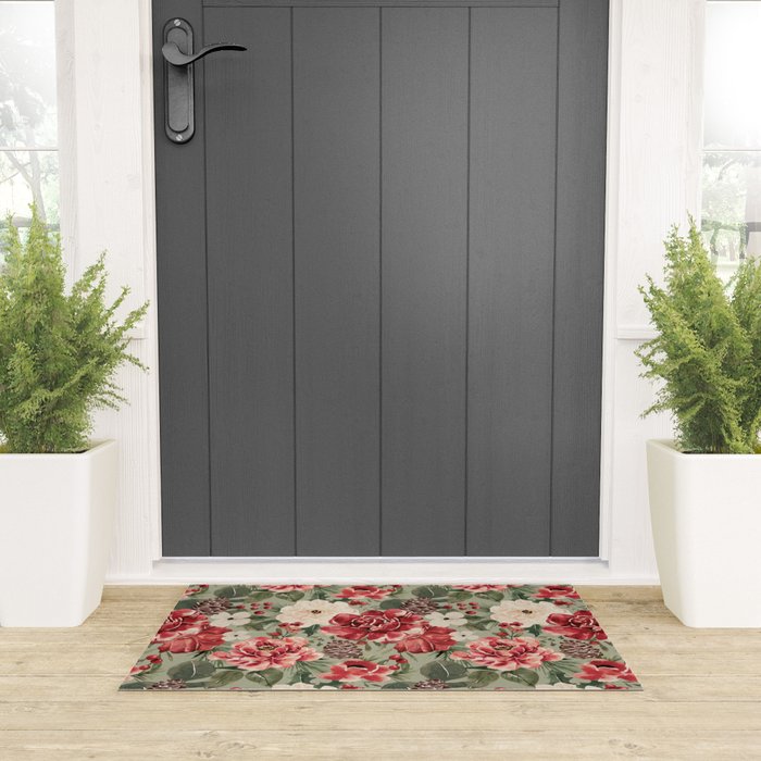 Vintage Christmas Floral on Sage Green Welcome Mat Gallery Image 3