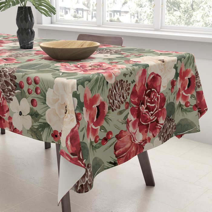 Vintage Christmas Floral on Sage Green Tablecloth Gallery Image 3