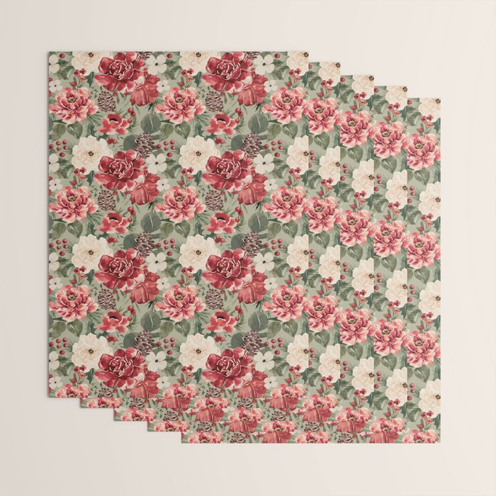 Vintage Christmas Floral on Sage Green Wrapping Paper Gallery Image 3