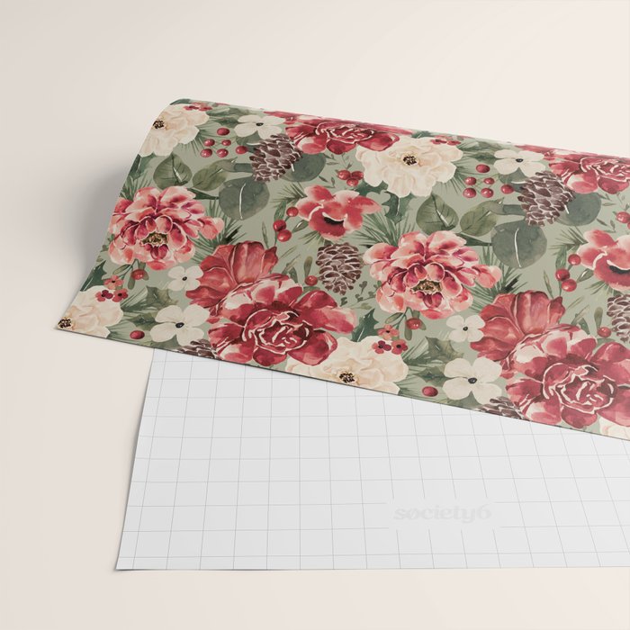 Vintage Christmas Floral on Sage Green Wrapping Paper Gallery Image 2
