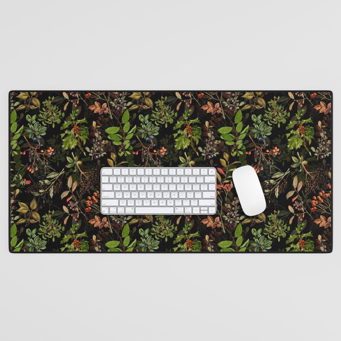 Vintage & Shabby Chic - vintage botanical wildflowers and berries on black Desk Mat Gallery Image 1