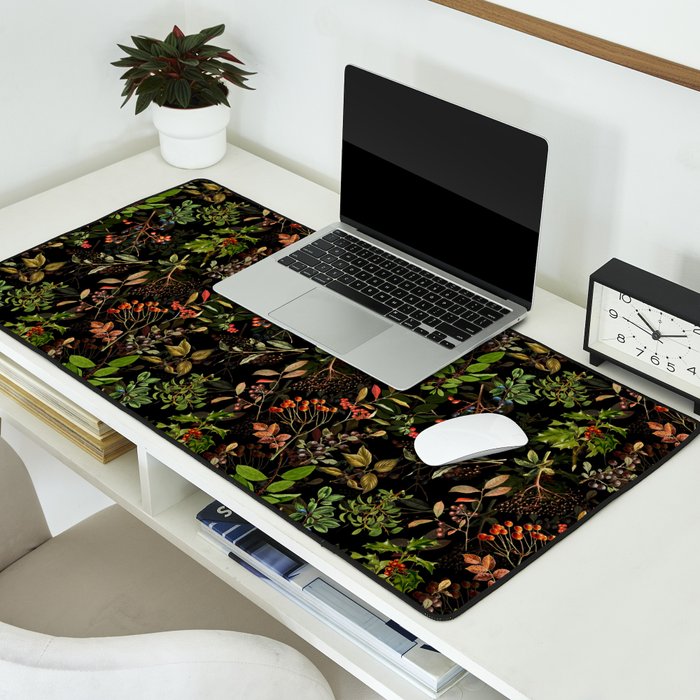 Vintage & Shabby Chic - vintage botanical wildflowers and berries on black Desk Mat Gallery Image 2