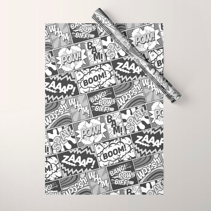 Black and White Modern Comic Book Superhero Pattern Color Colour Cartoon Lichtenstein Pop Art Wrapping Paper Gallery Image 1
