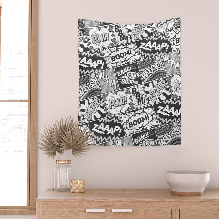 Black and White Modern Comic Book Superhero Pattern Color Colour Cartoon Lichtenstein Pop Art Wall Tapestry Gallery Image 2