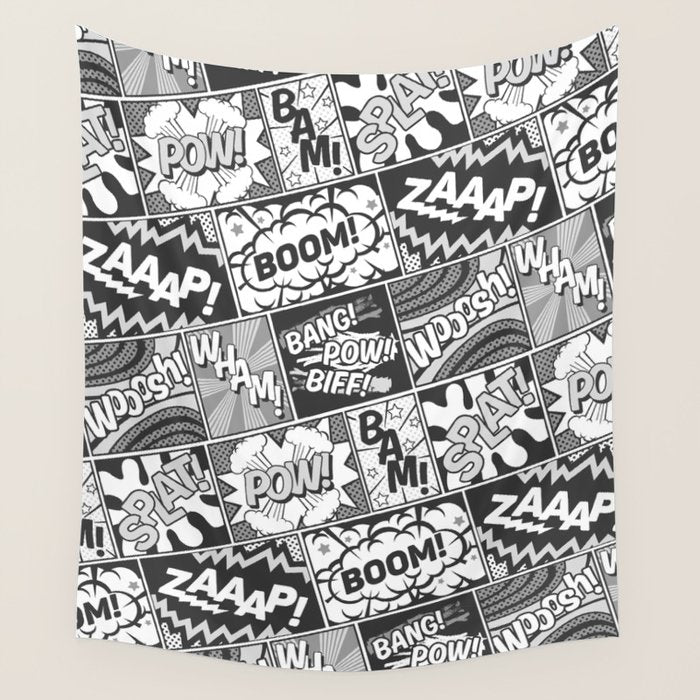 Black and White Modern Comic Book Superhero Pattern Color Colour Cartoon Lichtenstein Pop Art Wall Tapestry Gallery Image 1