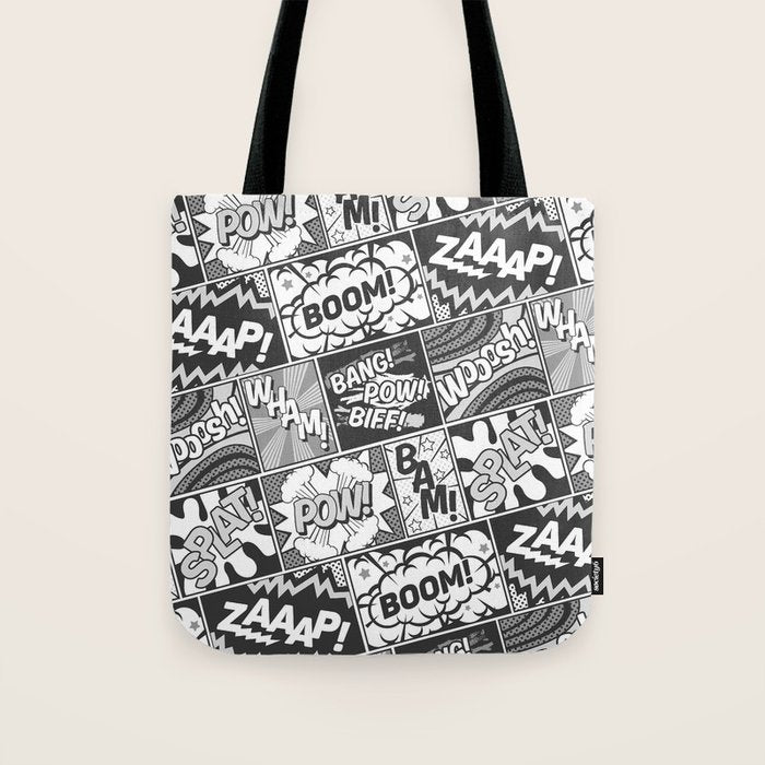 Black and White Modern Comic Book Superhero Pattern Color Colour Cartoon Lichtenstein Pop Art Tote Bag Gallery Image 1