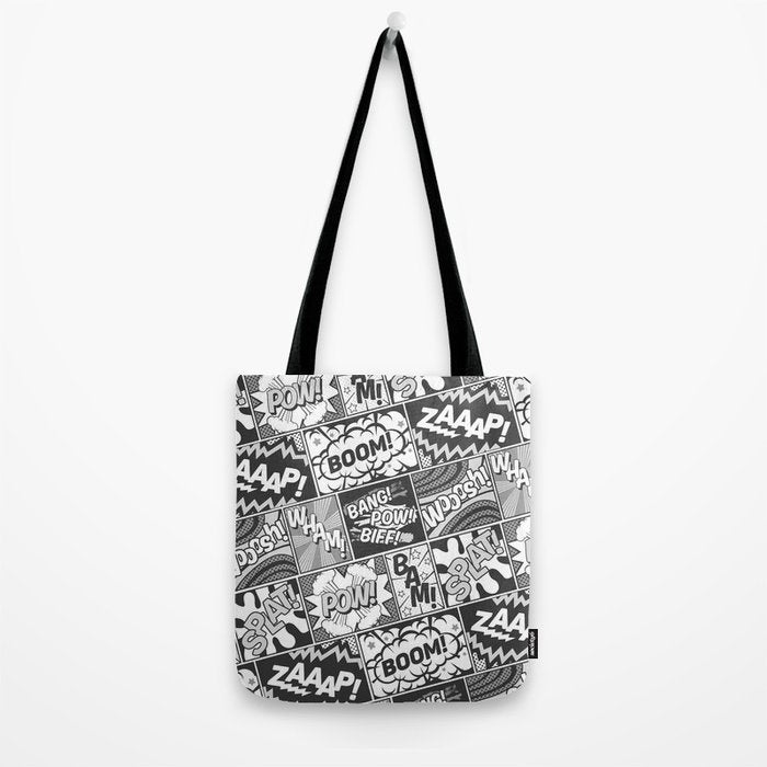 Black and White Modern Comic Book Superhero Pattern Color Colour Cartoon Lichtenstein Pop Art Tote Bag Gallery Image 2