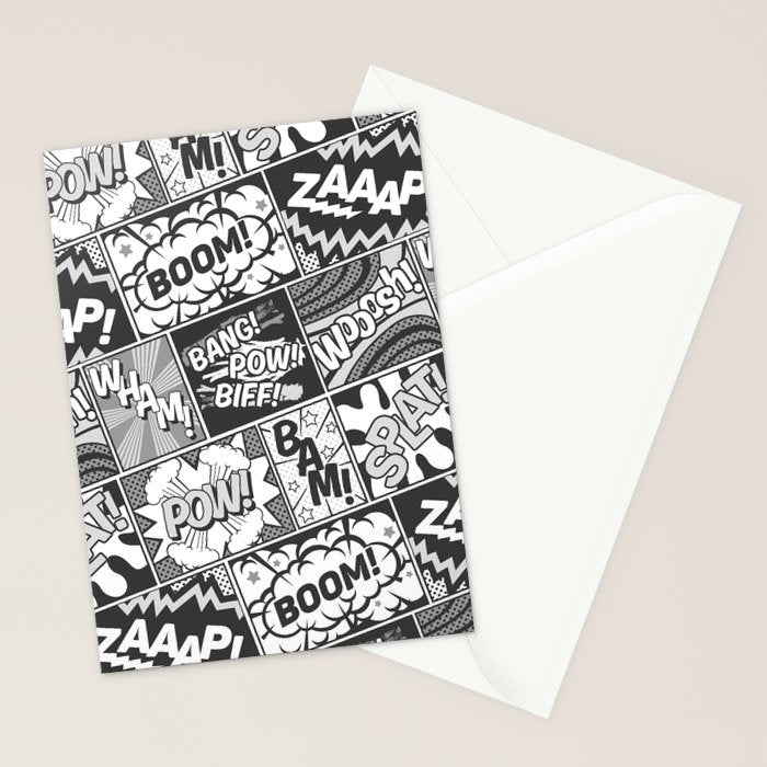 Black and White Modern Comic Book Superhero Pattern Color Colour Cartoon Lichtenstein Pop Art Stationery Card Gallery Image 2