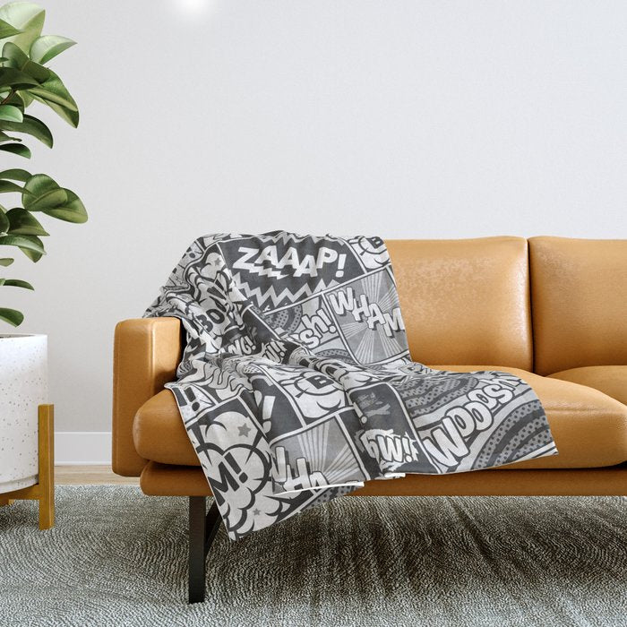 Black and White Modern Comic Book Superhero Pattern Color Colour Cartoon Lichtenstein Pop Art Throw Blanket Gallery Image 1