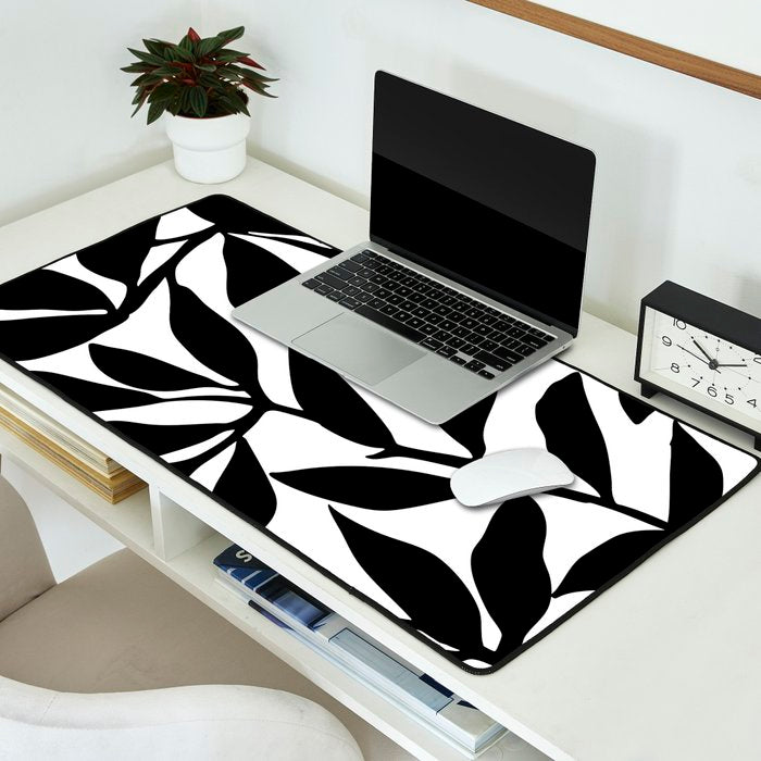 Bold Black White Botanical Leaf Silhouettes Desk Mat Gallery Image 2