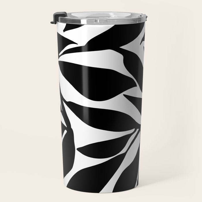 Bold Black White Botanical Leaf Silhouettes Travel Mug Gallery Image 3