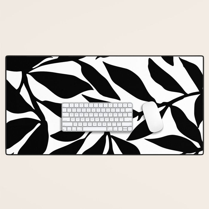 Bold Black White Botanical Leaf Silhouettes Desk Mat Gallery Image 1