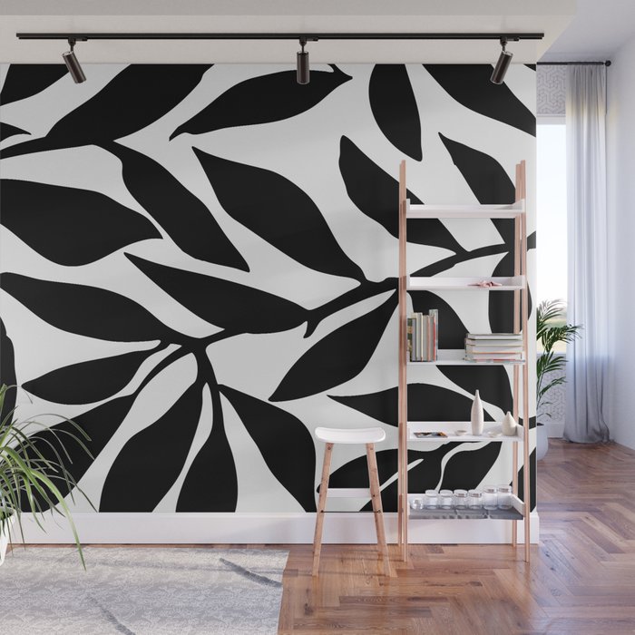 Bold Black White Botanical Leaf Silhouettes Wall Mural Gallery Image 1
