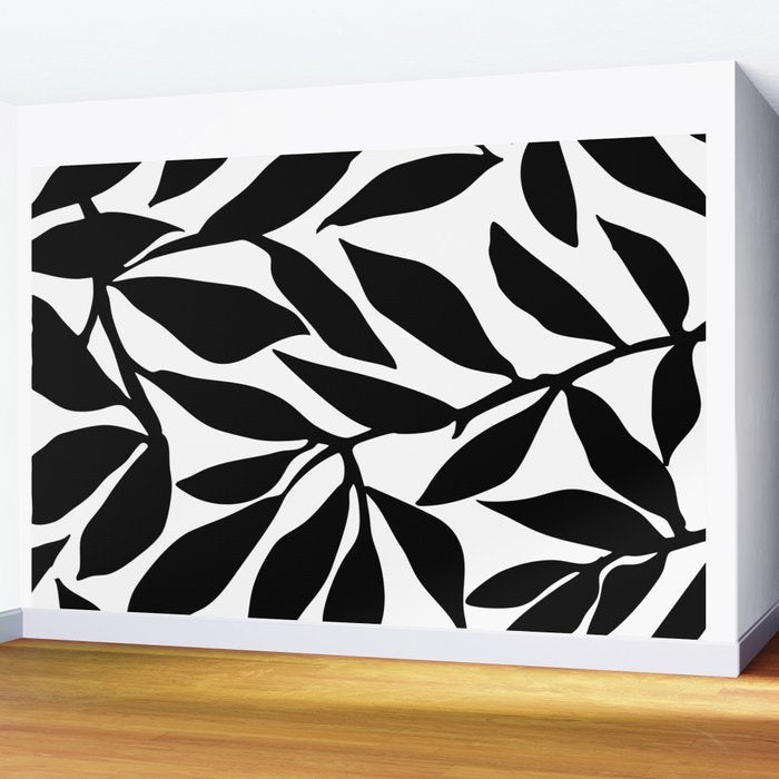 Bold Black White Botanical Leaf Silhouettes Wall Mural Gallery Image 2