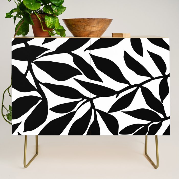 Bold Black White Botanical Leaf Silhouettes Credenza Gallery Image 1
