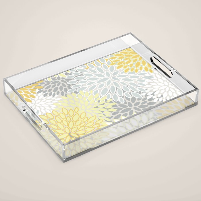 Floral Prints, Soft, Yellow and Gray, Modern Print Art Acrylic Tray Gallery Image 1