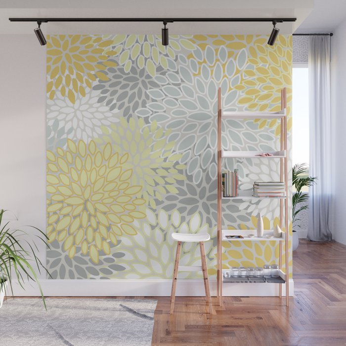 Floral Prints, Soft, Yellow and Gray, Modern Print Art Wall Mural Gallery Image 1