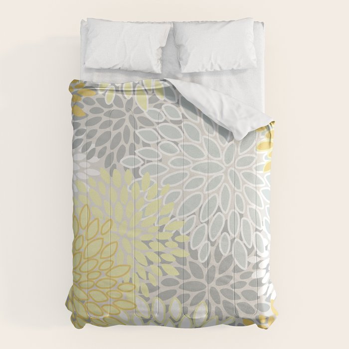 Floral Prints, Soft, Yellow and Gray, Modern Print Art Comforter Gallery Image 1