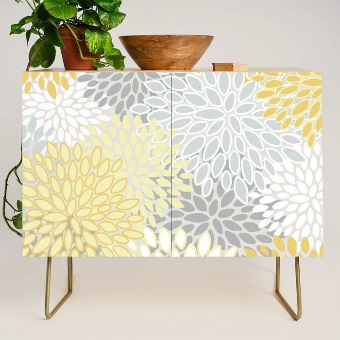 Floral Prints, Soft, Yellow and Gray, Modern Print Art Credenza Gallery Image 1