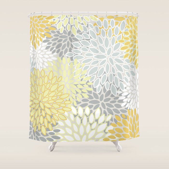 Floral Prints, Soft, Yellow and Gray, Modern Print Art Shower Curtain Gallery Image 1