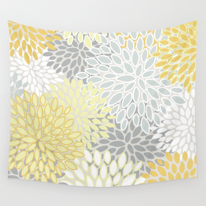 Floral Prints, Soft, Yellow and Gray, Modern Print Art Wall Tapestry Gallery Image 4