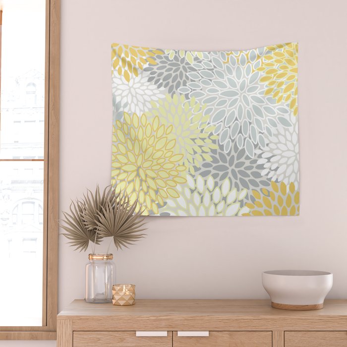 Floral Prints, Soft, Yellow and Gray, Modern Print Art Wall Tapestry Gallery Image 2