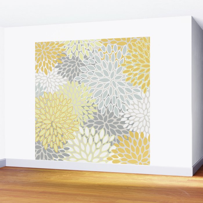Floral Prints, Soft, Yellow and Gray, Modern Print Art Wall Mural Gallery Image 2