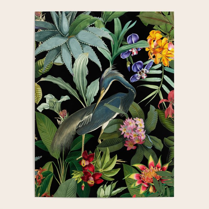 Vintage & Shabby Chic - Midnight Tropical Garden Blue Heron Poster Gallery Image 4
