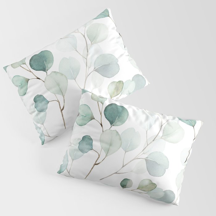 Watercolor Eucalyptus branches, botanical art, green blue leaves Pillow Sham Gallery Image 3