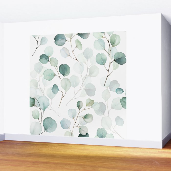 Watercolor Eucalyptus branches, botanical art, green blue leaves Wall Mural Gallery Image 2