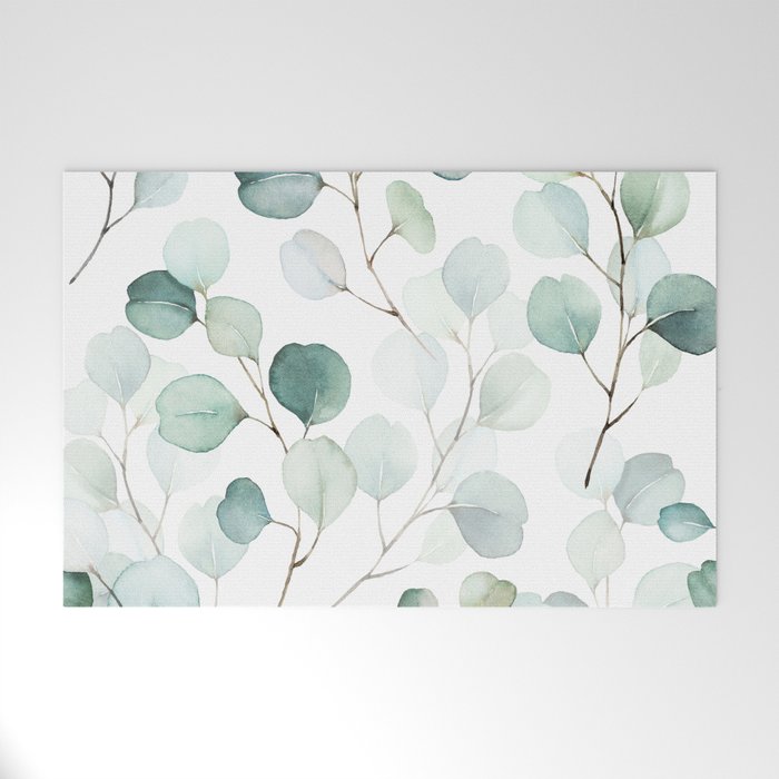 Watercolor Eucalyptus branches, botanical art, green blue leaves Welcome Mat Gallery Image 1