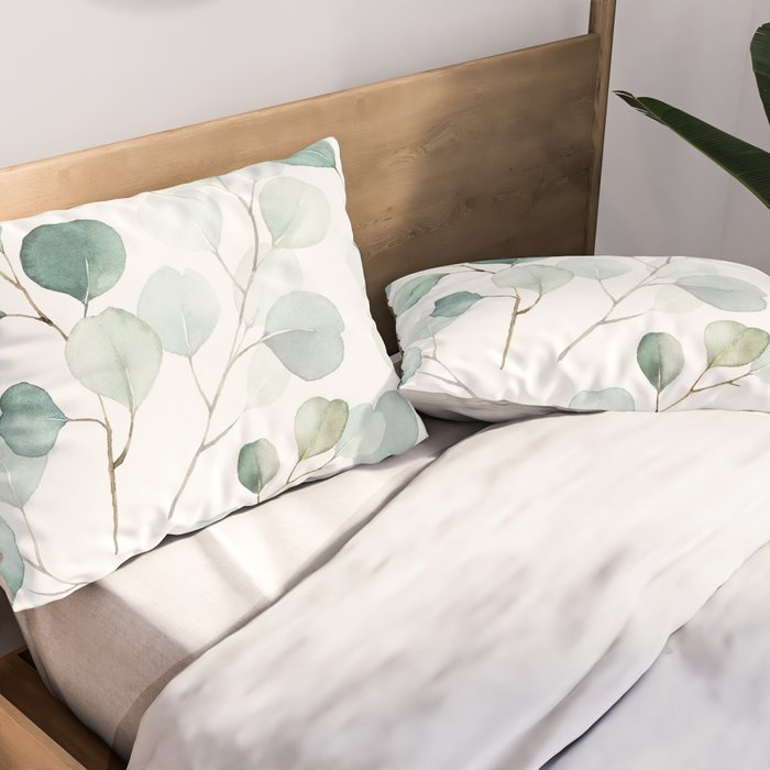 Watercolor Eucalyptus branches, botanical art, green blue leaves Pillow Sham Gallery Image 2