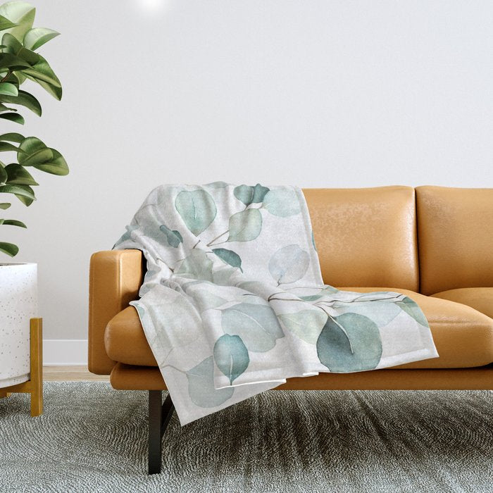 Watercolor Eucalyptus branches, botanical art, green blue leaves Throw Blanket Gallery Image 1