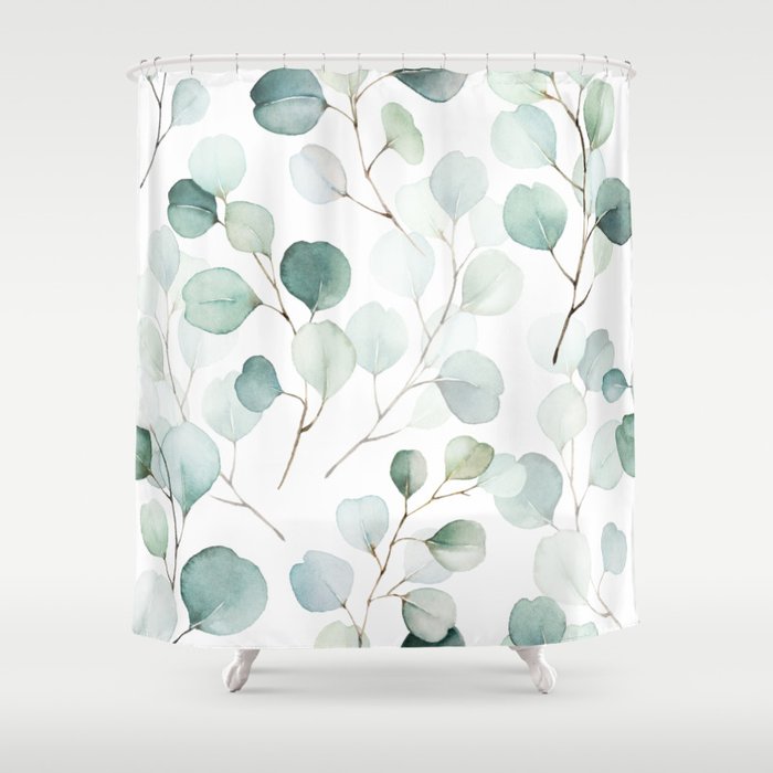 Watercolor Eucalyptus branches, botanical art, green blue leaves Shower Curtain Gallery Image 1