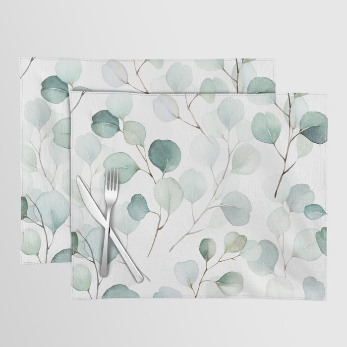 Watercolor Eucalyptus branches, botanical art, green blue leaves Placemat Gallery Image 1
