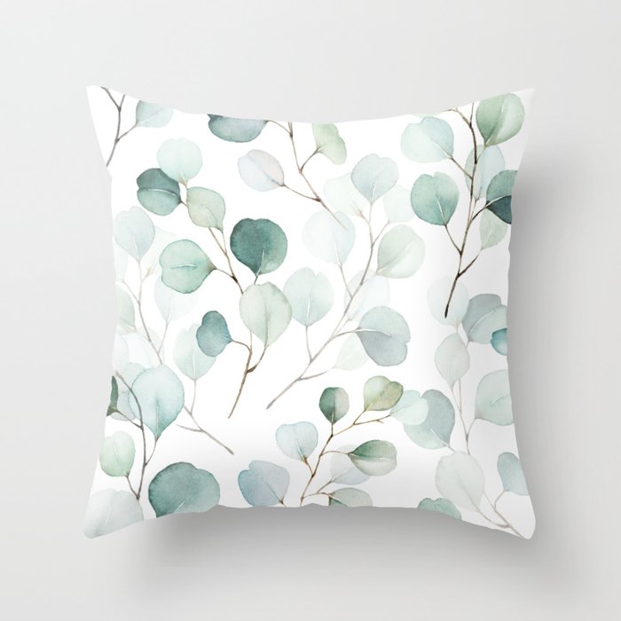 Watercolor Eucalyptus branches, botanical art, green blue leaves Throw Pillow Gallery Image 6