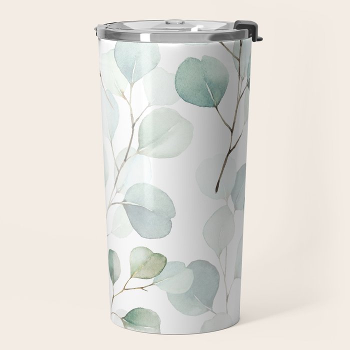 Watercolor Eucalyptus branches, botanical art, green blue leaves Travel Mug Gallery Image 2