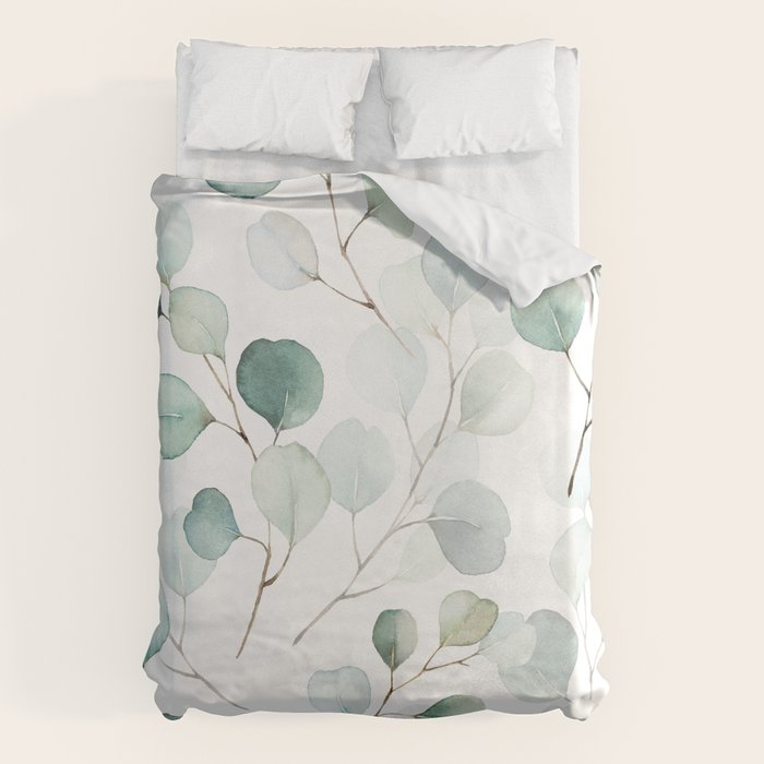 Watercolor Eucalyptus branches, botanical art, green blue leaves Duvet Cover Gallery Image 1