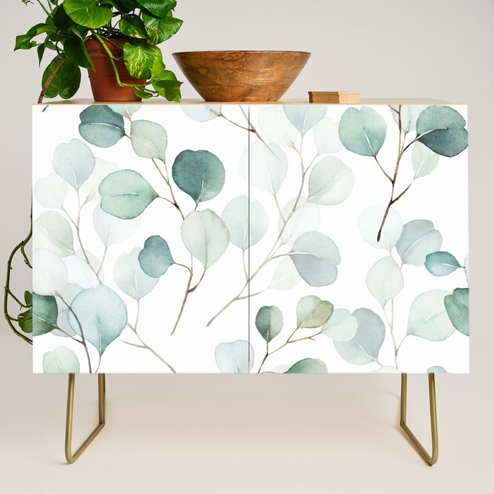 Watercolor Eucalyptus branches, botanical art, green blue leaves Credenza Gallery Image 1