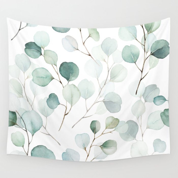 Watercolor Eucalyptus branches, botanical art, green blue leaves Wall Tapestry Gallery Image 1